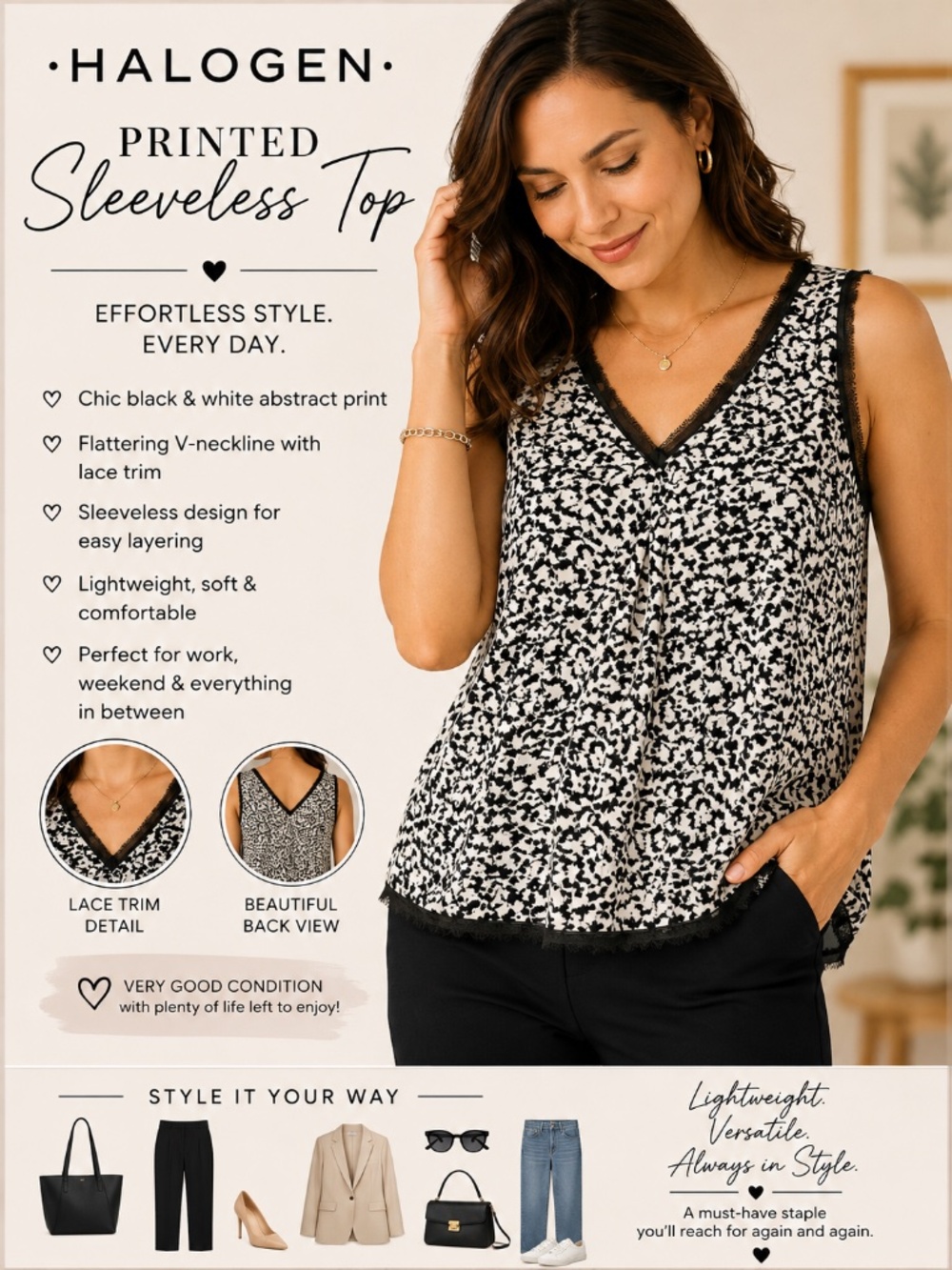Halogen Black & White Abstract Print Lace Trim Sleeveless Top Size M